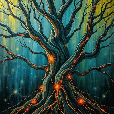 The primary subject of the image is a large tree with a glowing, lit-up trunk. The tree is surrounded by a blue sky, creating a serene and peaceful atmosphere. The visual style of the image is a painting, which adds a sense of artistic expression and creativity to the scene. The colors and mood of the painting are predominantly blue and green, with the glowing trunk adding a touch of warmth and vibrancy to the overall composition.